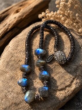 TOVA Faceted Labradorite Statement Necklace • Vintage Gunmetal Crystal Choker